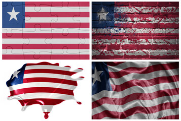 national colorful realistic flag of liberia in different styles and with different textures on the white background.collage.