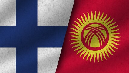 Kyrgyzstan and Finland Realistic Two Flags Together, 3D Illustration