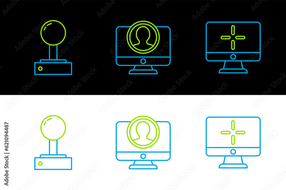 Poster set line computer monitor, joystick for arcade machine and create account screen icon. vector