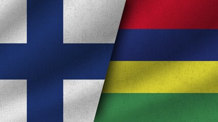 Mauritius and Finland Realistic Two Flags Together, 3D Illustration