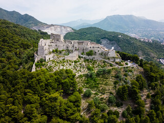 aerial view from the drone of the beautiful Aragonese castle of ARECHI of Salerno