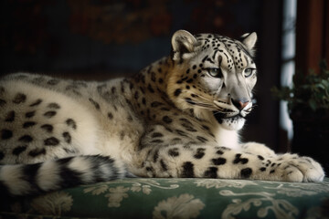 Snow Leopard's Cozy Retreat: Majestic Rest on a Couch - Serene Elegance in the Wilderness - Generative AI