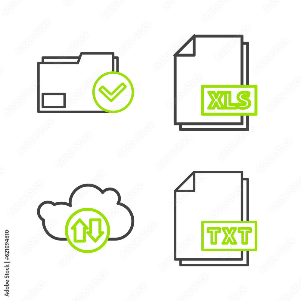 Poster set line txt file document, cloud download and upload, xls and document folder check mark icon. vect
