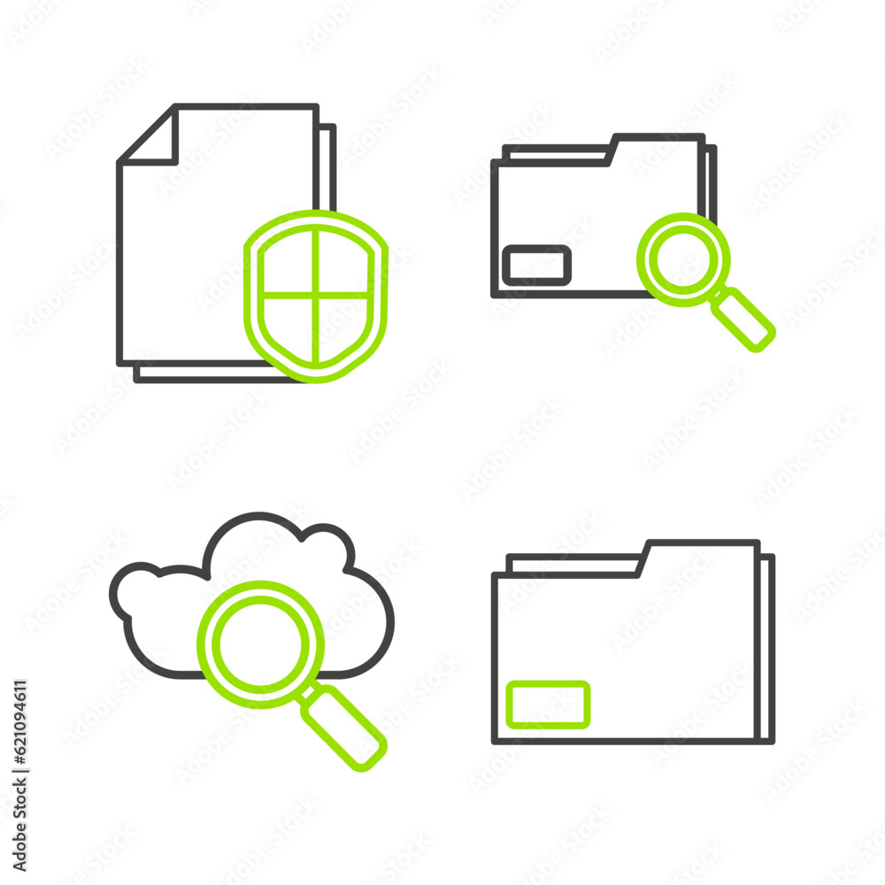 Poster set line document folder, search cloud computing, concept with and protection icon. vector