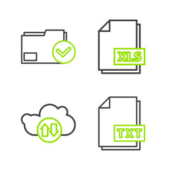 Set line TXT file document, Cloud download and upload, XLS and Document folder check mark icon. Vector