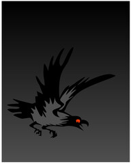 Horror. Raven. A night bird with red eyes as a harbinger of trouble