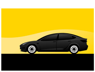 Motion. Elegant black car on a yellow background