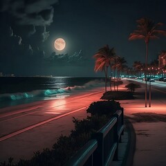 the landscape of Miami Beach at midnight, GTA vice City vibes