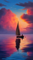 Fototapeta premium Oceanic Rhapsody A Single Sailboat Transcends the Waves, Harmonizing with the Spectacle of a Painted Sky