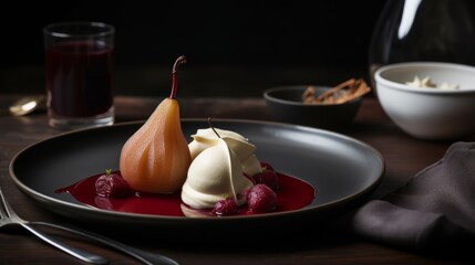 gourmet dessert with pear, ice cream and blackberry sauce