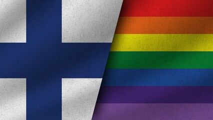 Fototapeta na wymiar LGBT Pride and Finland Realistic Two Flags Together, 3D Illustration