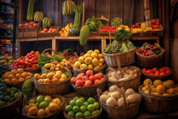 Obraz na płótnie Canvas A bustling fresh market with rows of colorful fruits and vegetables. Generative AI