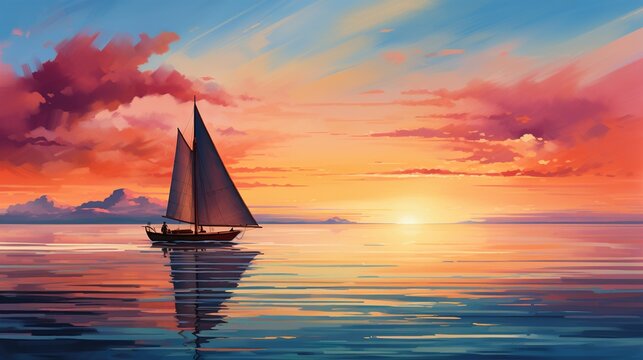 Journey to Infinity A Sailboat Quest Amidst the Vastness of the Sea, Guided by the Colors of Twilight