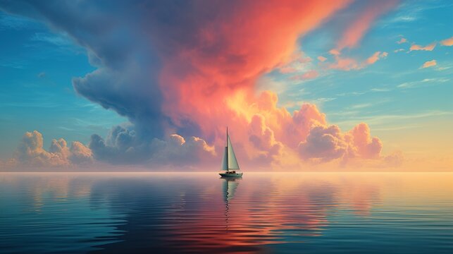 Serene Passage A Sailboat Silent Expedition Through the Multicolored Tapestry of a Setting Sun