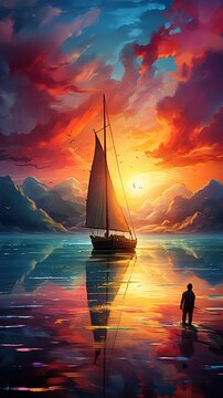 Sailing Through Time A Singular Vessel Navigates the Waters, Bathed in the Radiance of a Colorful Horizon