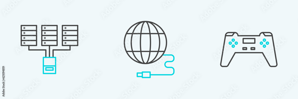 Poster set line gamepad, server, data, web hosting and social network icon. vector