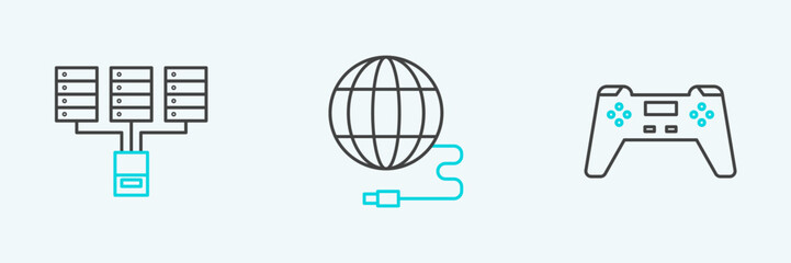 Set line Gamepad, Server, Data, Web Hosting and Social network icon. Vector