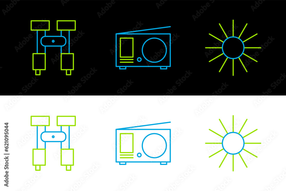 Poster Set line Sun, Binoculars and Radio with antenna icon. Vector