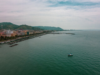 aerial view from the drone of the beautiful gulf of Salerno with its promenade