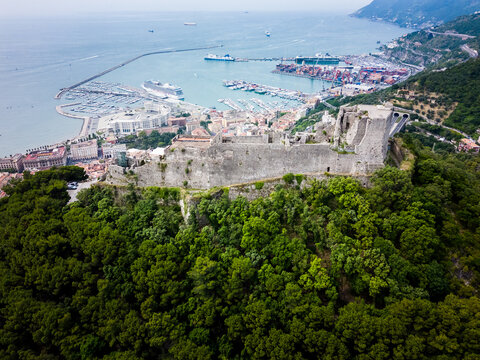 aerial view from the drone of the beautiful Aragonese castle of ARECHI of Salerno