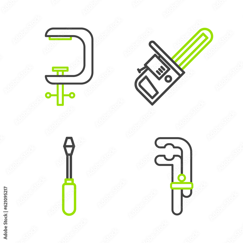 Wall mural set line clamp tool, screwdriver, chainsaw and and screw icon. vector