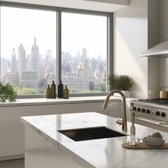 White apartment kitchen with city view
