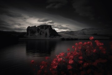 Dark lake landscape with red flowers