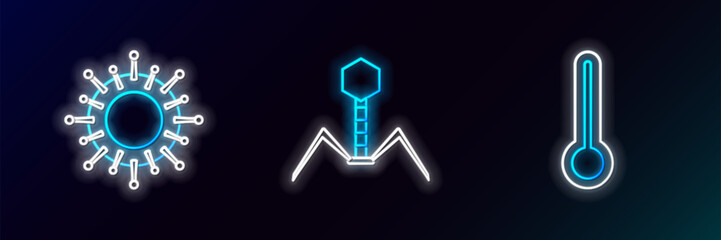 Set line Medical thermometer, Virus and Bacteria bacteriophage icon. Glowing neon. Vector