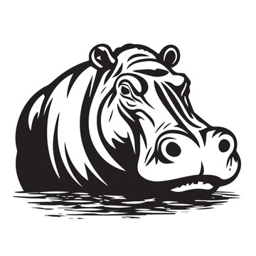 Hippo in icon, logo style. Cut doodle. cartoon image. 2d vector illustration. Black and white