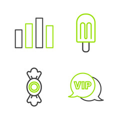 Set line Vip in speech bubble, Candy, Ice cream and Music equalizer icon. Vector