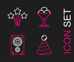 Set line Party hat, Stereo speaker, Ice cream in bowl and Firework icon. Vector