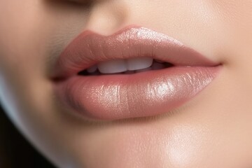 Fototapeta premium Beautiful woman shiny and wet lips with fashion pink lipstick makeup. Cosmetic concept. Beauty lip visage. Open mouth with white teeth. Closeup view