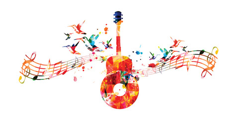 Playful music background with abstract guitar, LP record and musical notes for banner, card, invitation, poster... Vector illustration for live concert events, music festivals and shows. Party flyer - 621096065