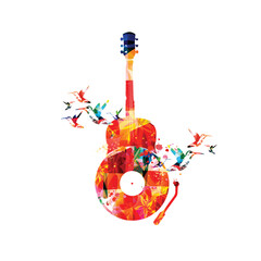 Playful music background with abstract guitar and LP record for banner, card, invitation, poster... Vector illustration for live concert events, music festivals and shows. Party flyer