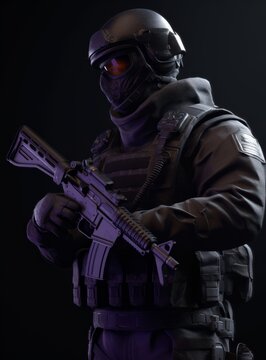 Soldier in a black uniform with a vest and with a weapon on a black background

