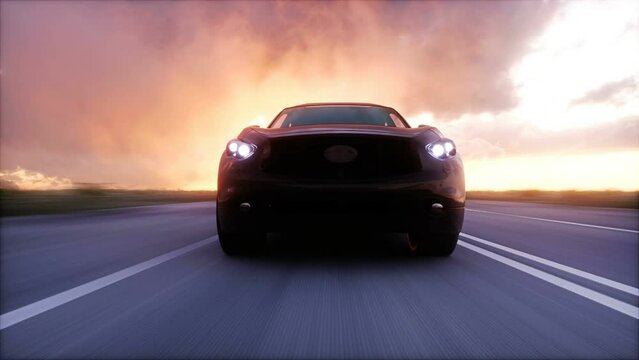 Luxury black car on highway. Very fast driving.