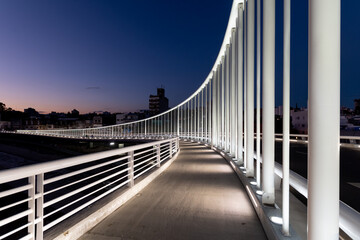 Nighttime architectural landscape of a bridge with white painted iron, illuminated.