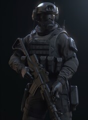 Special forces soldier in black uniform with weapon