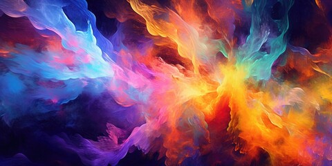 Plakat A vibrant blaze of color. An abstract color splash covers the painting. Background pictures for widescreen displays. Colors that pop. Fractal. Using ones imagination to express oneself artistically on
