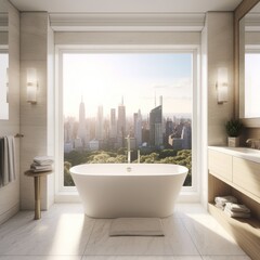 Modern bathroom with white bathtub and city view