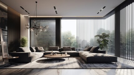 Modern stylish living room interior with large windows with blinds