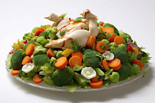 On a white table, lunch on a diet was presented as a gorgeous meal of salad with chicken, broccoli, and other veggies.