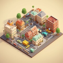 An isometric piece of a part of the city. isometric city street. Isometric buildings and cars 