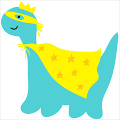 Cute dinosaur superhero in mask and cape, dino character in carnival hero costume. Prince dinosaur boy, birthday decor design, sticker,childish print for interior design, card, invitation.