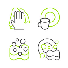 Set line Washing dishes, Sponge, and Cleaning service icon. Vector