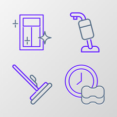 Set line Washing dishes, Mop, Vacuum cleaner and Cleaning service for window icon. Vector