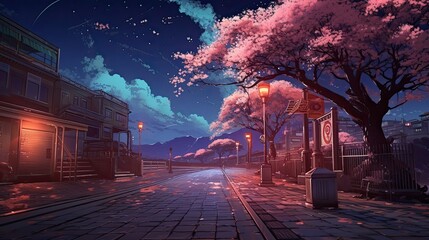 Beautiful anime-style illustration of a nighttime city street at springtime