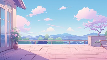 Beautiful anime-style illustration of a patio at daytime