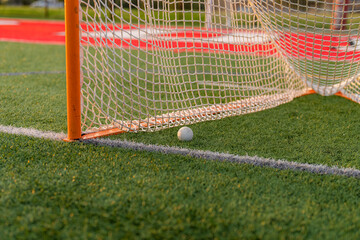 Dramatic late afternoon photo of a lacrosse goal on a synthetic turf field.	