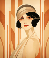 Portrait of elegant woman, Art Deco, 20s style illustration.